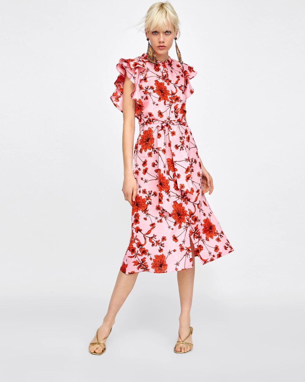 Zara Linen Pink Floral Flutter Sleeve Belted Midi Dress Women's Size Small